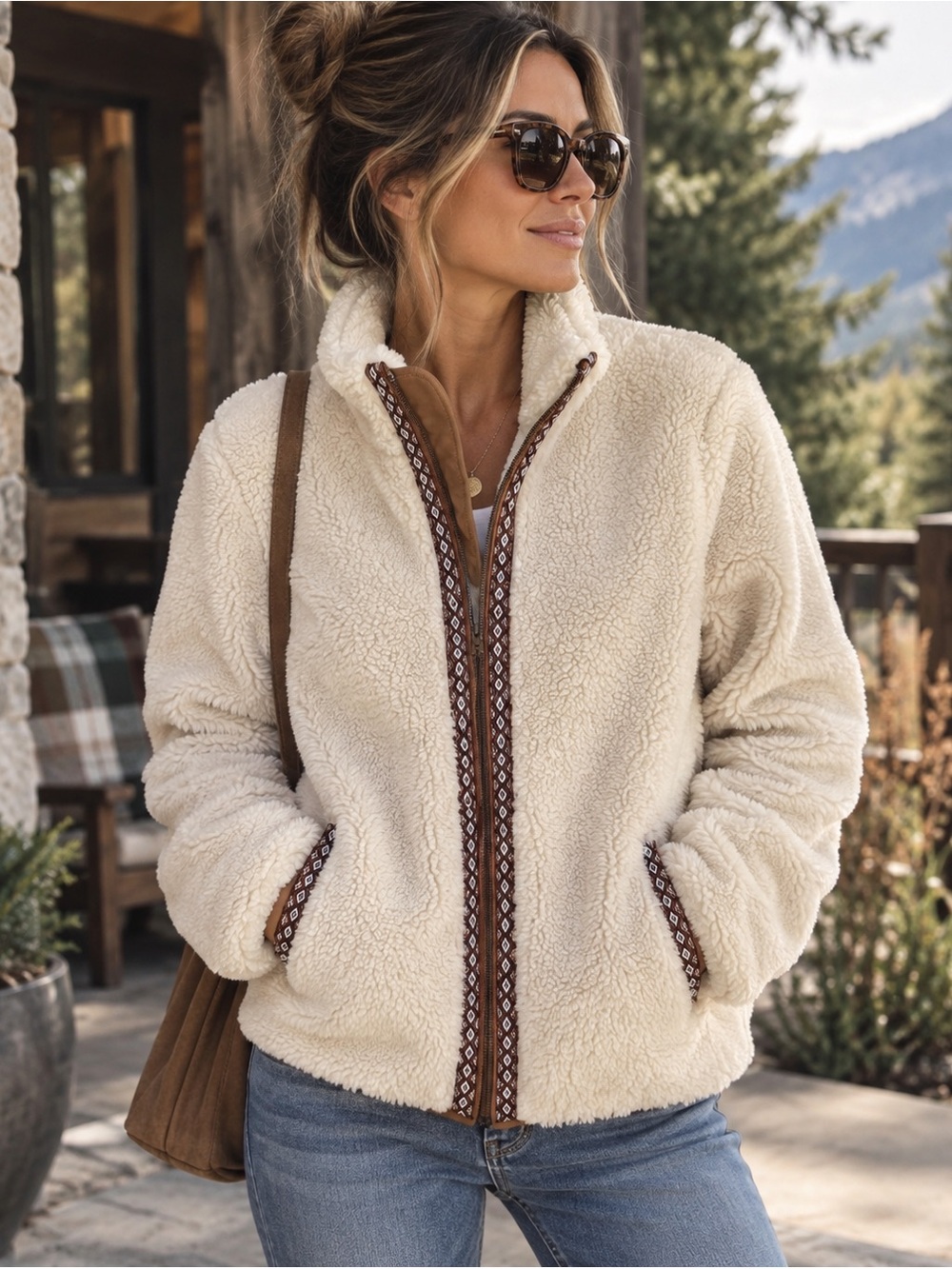 Faherty Ashbury High Pile Sherpa Fleece Jacket Cream Southwestern Trim L